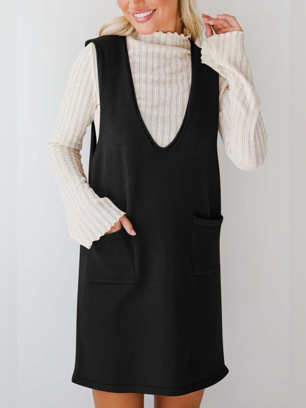 Lovelet Pocketed V-Neck Mini Sweater Overall Dress - Picture 10 of 16